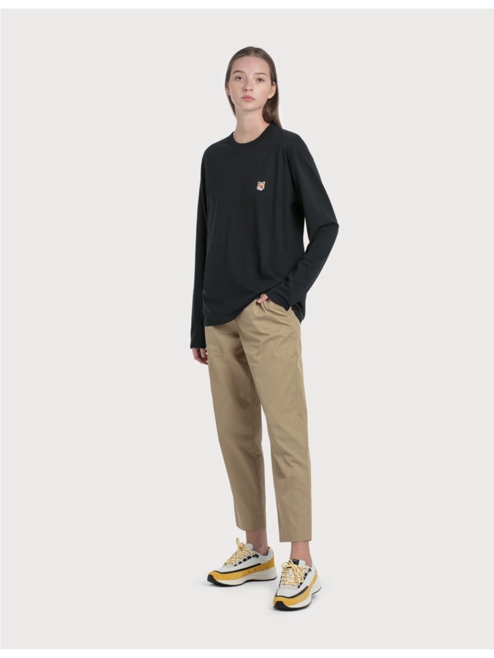 MAISON KITSUNE Black Long Sleeve Tee with Chest Fox Patch